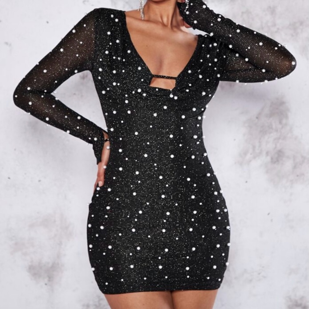 SHEIN Pearl Beaded Draped Front Black Bodycon Mini Dress - L